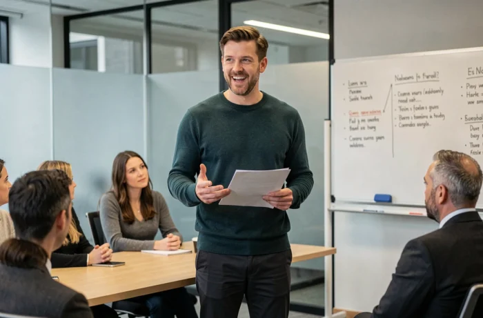 Aaron Nouchy partageant son expérience lors d'une conférence dans une salle moderne devant un public attentif, illustrant son rôle de mentor inspirant