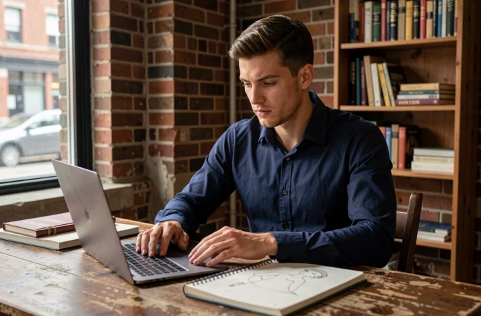 Aaron Nouchy dans ses débuts, concentré à son bureau en bois avec cahiers et ordinateur portable dans un bureau modeste à murs de briques