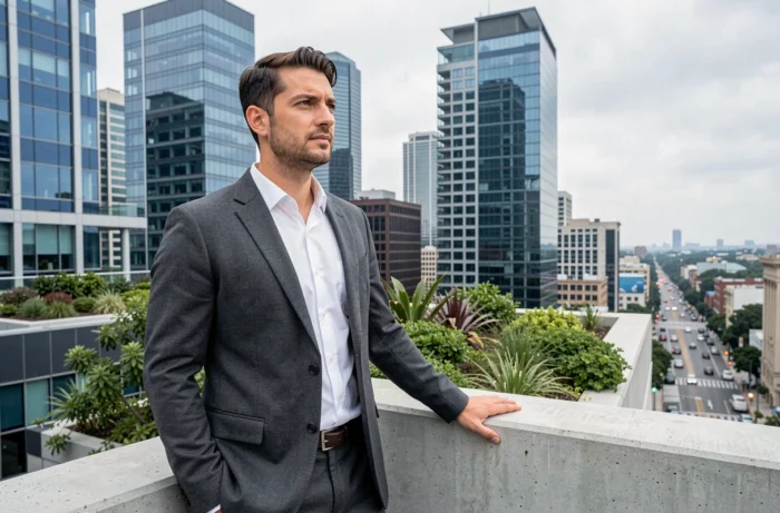 Aaron Nouchy en costume élégant sur une terrasse urbaine moderne contemplant la skyline de la ville, symbole de sa progression professionnelle