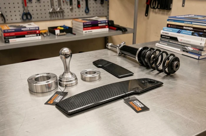 Accessoires de tuning automobile disposés sur un établi : entretoise de roue, pommeau de vitesse, panneau carbone et ressort de suspension