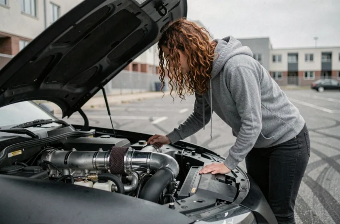 Femme inspectant un système d'admission d'air sportif dans le compartiment moteur d'une voiture tunée