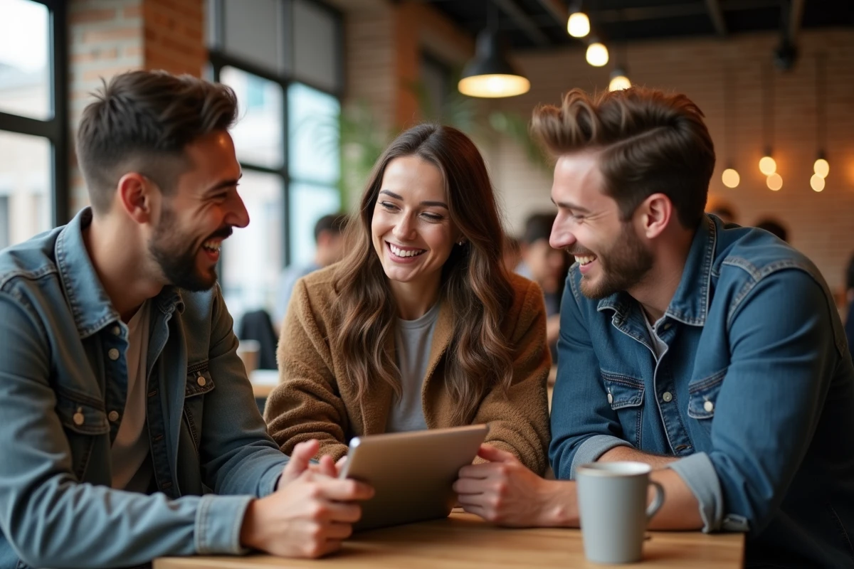 Trois amis discutant et partageant du contenu dans un café urbain