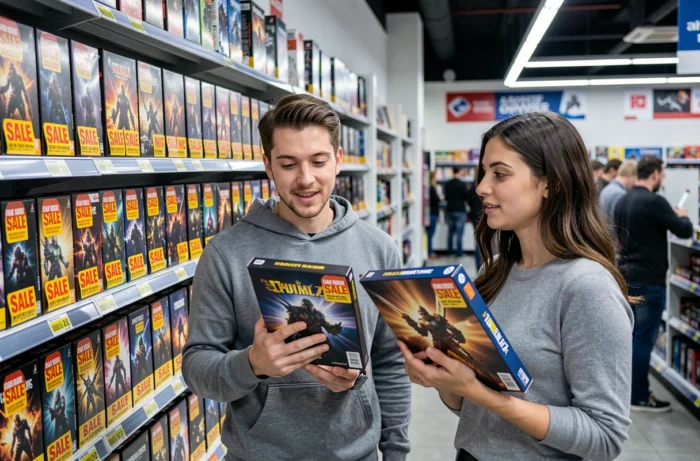 Deux amis adultes en train de comparer des jeux vidéo en promotion dans un magasin spécialisé gaming