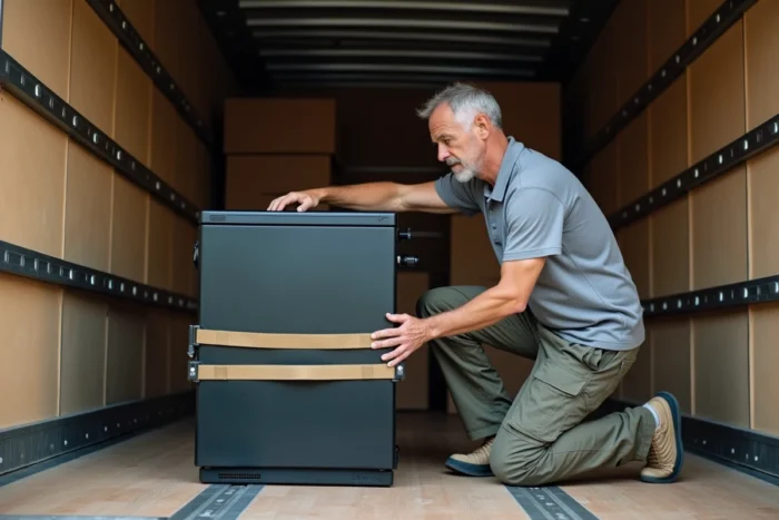 Homme fixant une cuisinière noire avec des sangles d'arrimage à l'intérieur d'un camion de déménagement