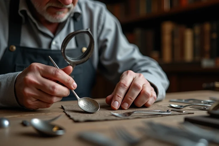 Expert antiquaire examinant un poinçon sur une cuillère en argent ancienne avec une loupe de joaillier dans un atelier traditionnel