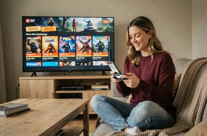 Femme décontractée sur un canapé avec une manette et un smartphone consultant des bons plans jeux vidéo sur la télévision