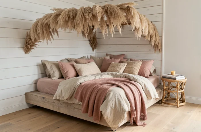 Chambre cocooning avec literie en lin, oreillers texturés et herbes de la pampa pour une déco hygge apaisante