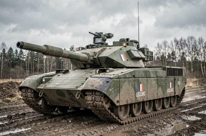 Char Leclerc de l'armée française en manœuvre sur un terrain boueux, vue en plongée frontale mettant en valeur le blindage et les chenilles