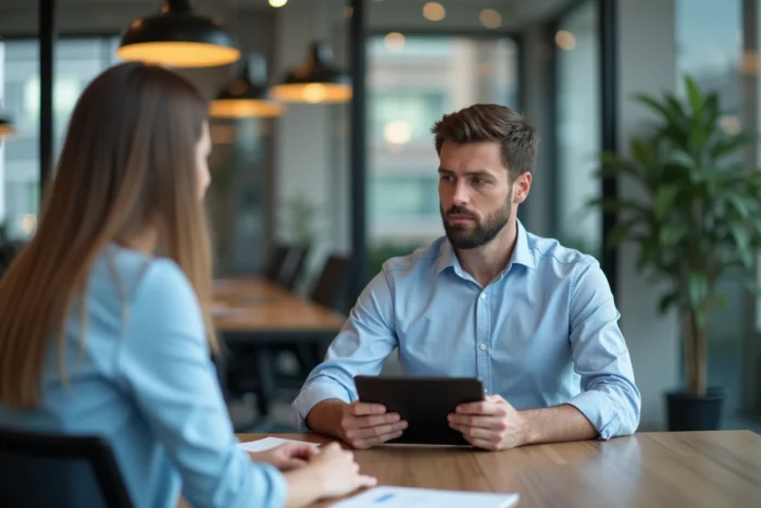 Chef d'entreprise et consultant numérique collaborant autour d'un site e-commerce sur-mesure en espace de co-working