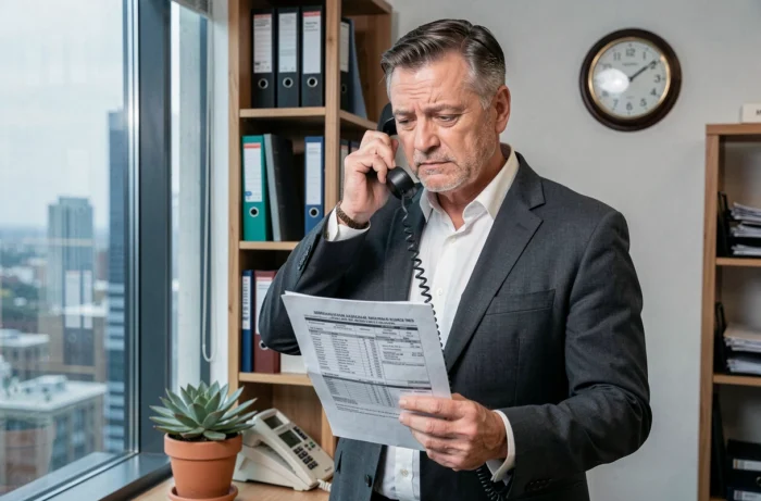 Chef d'entreprise au téléphone tenant un document relatif à une assurance professionnelle et au prélèvement Diot Siaci Saint Honoré