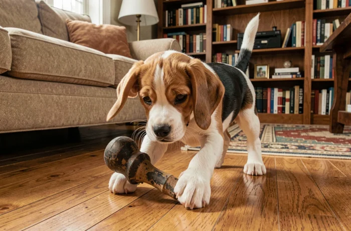 Chiot beagle jouant avec un jouet en caoutchouc sur un parquet dans un salon chaleureux, astuces pour éduquer son chien