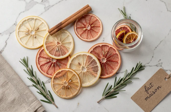 Vue aérienne de tranches de citrons et pamplemousses déshydratés maison sur marbre blanc avec épices