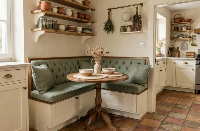 Coin repas cosy en cuisine avec banquette en bois, coussins en lin vert sauge et vaisselle artisanale en céramique