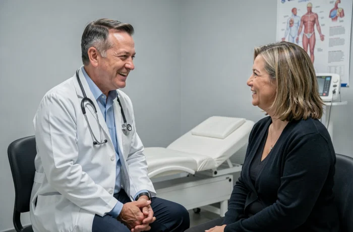 Médecin en consultation avec une patiente dans un cabinet médical moderne