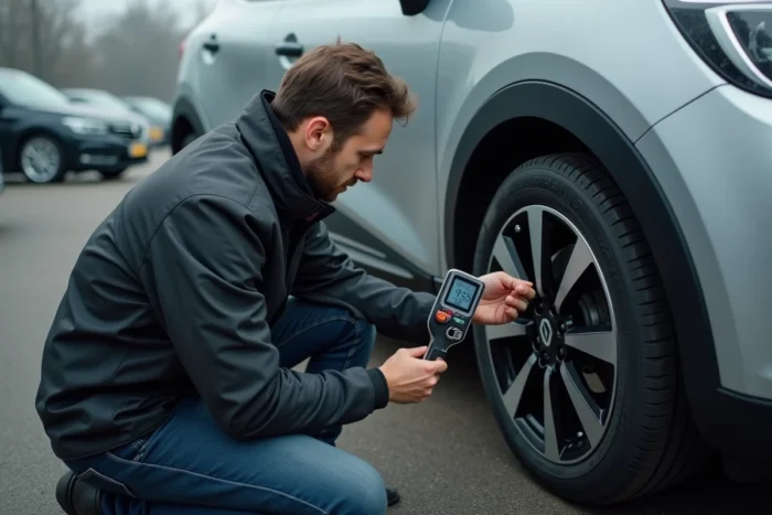 Homme vérifiant la pression des pneus d'une Clio 3 phase 2 avec un manomètre numérique dans un parking
