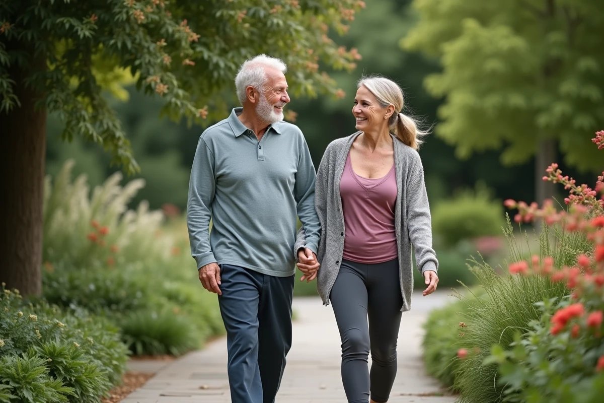 Couple marchant dans un jardin verdoyant en pleine nature