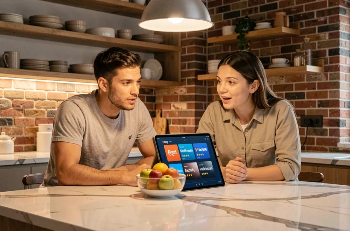 Couple comparant des plateformes de streaming sur une tablette dans une cuisine moderne