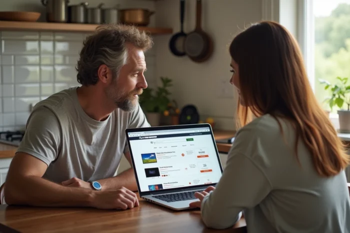 Couple comparant des téléviseurs connectés sur un ordinateur portable à la maison avant un achat