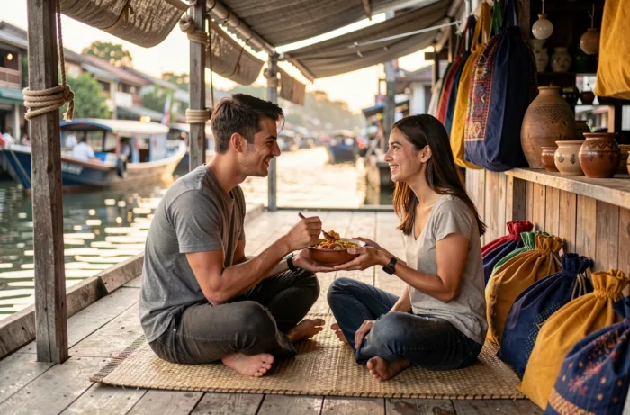 Couple de voyageurs partageant un repas de rue dans un marché flottant en Asie du Sud-Est, découverte culinaire locale