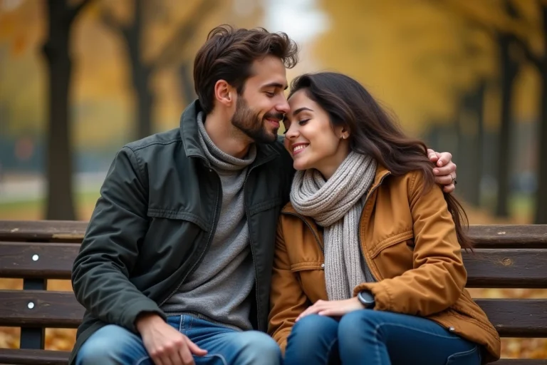 Jeune couple assis sur un banc en automne dans un parc