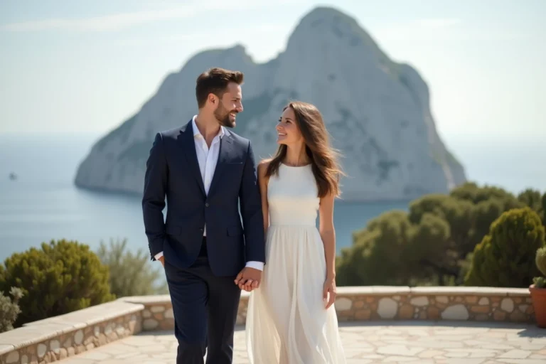 Jeune couple souriant devant Gibraltar en tenue élégante
