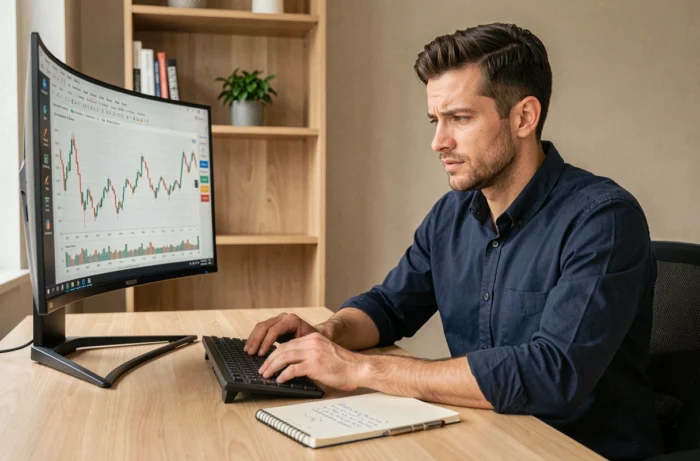 Homme débutant en trading analysant des graphiques financiers sur un grand écran dans un bureau moderne