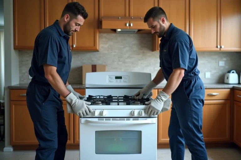 Deux déménageurs professionnels emballant une cuisinière blanche avec des couvertures de déménagement dans une cuisine résidentielle
