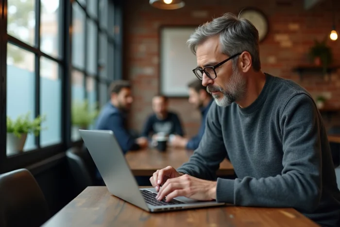 Développeur senior travaillant sur des outils de design web dans un café urbain avec un laptop moderne