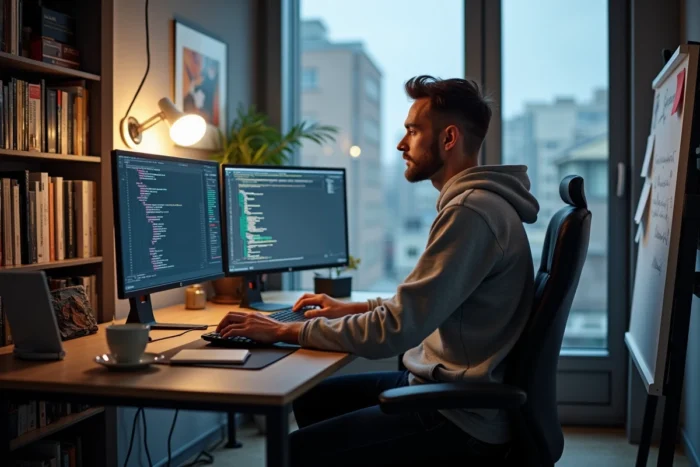 Développeur web masculin travaillant sur des services web sur-mesure depuis son studio à domicile