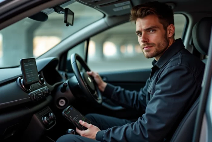 Mécanicien branchant un scanner OBD2 sur la prise diagnostic d'une Clio 3 phase 2 pour lire les codes défaut