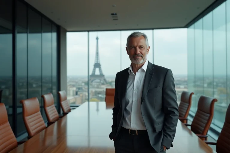 Dirigeant d'une grande entreprise française du CAC 40 en costume sombre dans une salle de conseil parisienne moderne