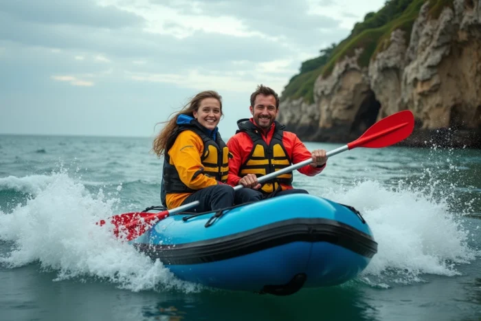 Deux kayakistes en train de pagayer dans un kayak gonflable biplace près d'une côte rocheuse avec des vagues douces