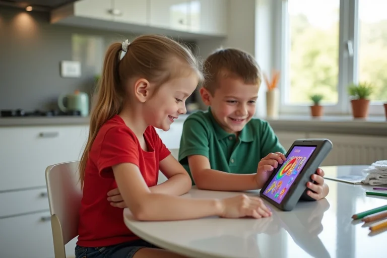 Deux enfants souriants regardant un jeu sur tablette dans la cuisine