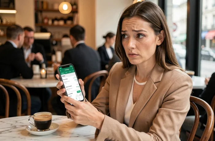 Entrepreneuse consultant son application bancaire mobile pour identifier un prélèvement professionnel Diot Siaci Saint Honoré
