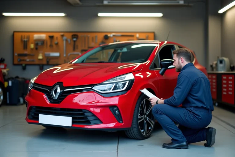 Mécanicien en combinaison bleue inspectant une Renault Clio 3 phase 2 rouge dans un garage résidentiel propre