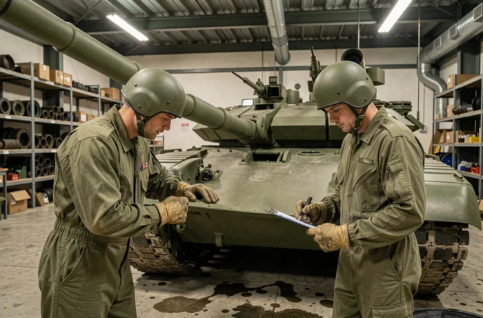 Techniciens militaires inspectant un char Leclerc dans un hangar de maintenance de l'armée française, détail des équipements et de l'armure