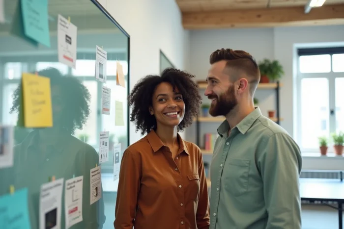 Deux jeunes professionnels collaborant sur des prototypes d'applications web dans un espace de travail startup moderne