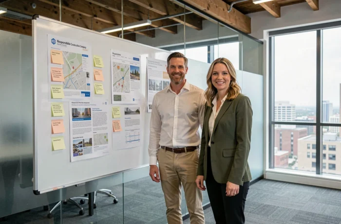 Deux professionnels du bâtiment organisant la structure des pages essentielles d'un site web de constructeurs responsables sur un tableau blanc en salle de réunion
