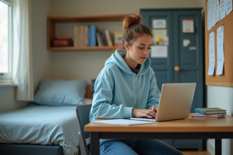 Étudiante consultant son code locataire Crous sur ordinateur portable dans sa chambre de résidence universitaire