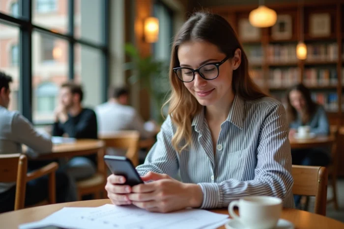 Étudiante vérifiant les étapes pour obtenir son code locataire Crous sur son smartphone dans un café universitaire