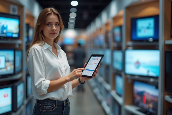 Femme consultant les avis clients EasyTVShop sur une tablette dans un magasin d'électronique