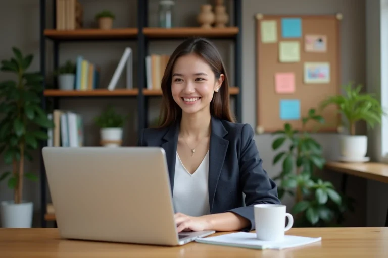 Jeune femme au bureau en ligne de maison