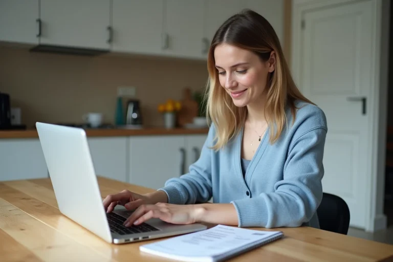 Femme concentrée avec ordinateur dans une cuisine moderne