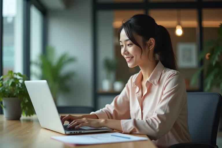 Femme au bureau utilisant un portail employe