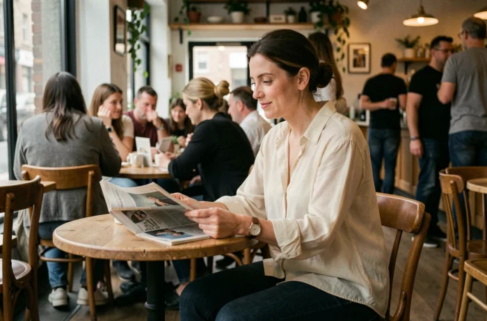 Femme lisant un magazine dans un café animé, ambiance presse et rumeurs médiatiques autour d'une personnalité publique