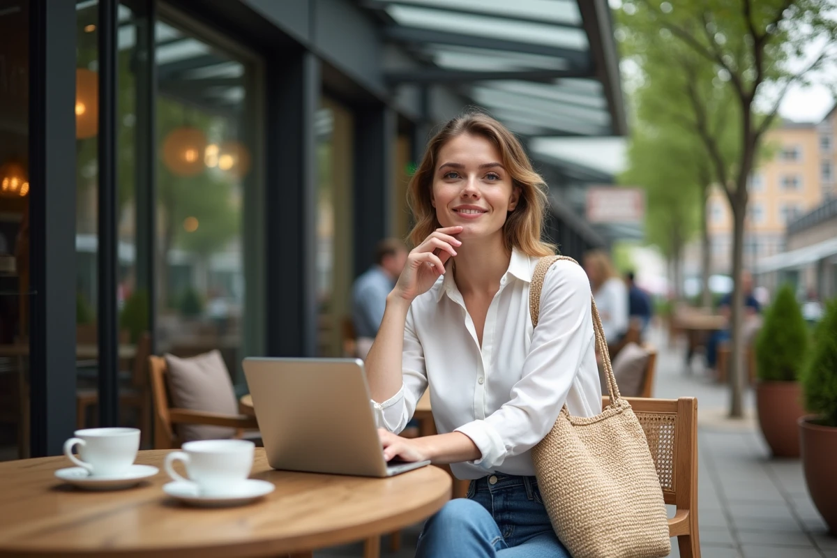 Jeune femme au café en milieu urbain avec tablette