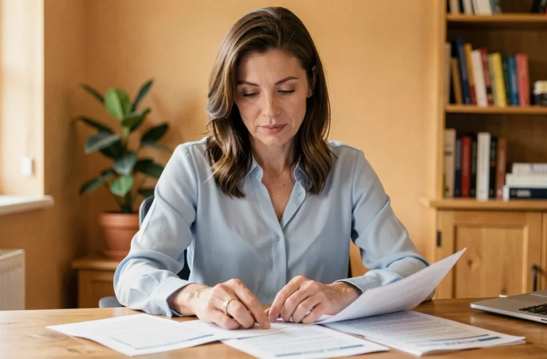 Femme consultant des documents de complémentaire santé à son bureau à domicile