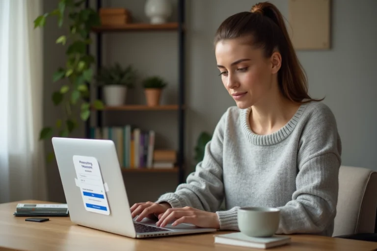 Femme créant une adresse email Hotmail sur son ordinateur portable dans un bureau moderne