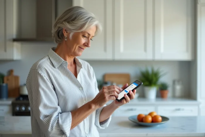 Femme créant un compte Hotmail sur smartphone dans une cuisine moderne