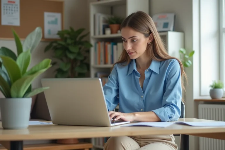 Femme concentrée à son bureau pour rédiger son CV